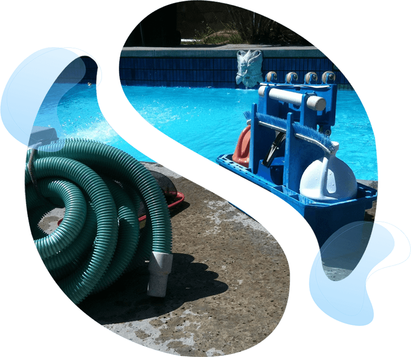 A pool with a hose and other equipment next to it.